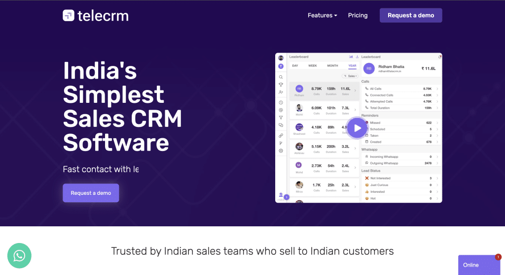 Telecrm's sales CRM landing page overview